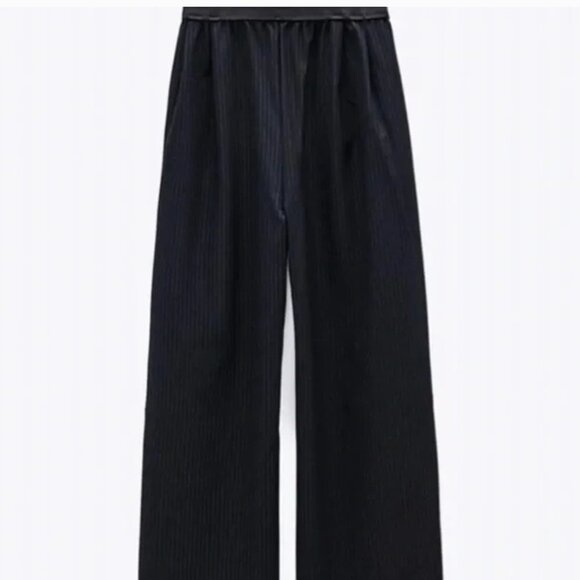 Zara Black Pinstripe High Rise Elastic Waist Wide Leg Palazzo Pants / Trousers M - Picture 4 of 15